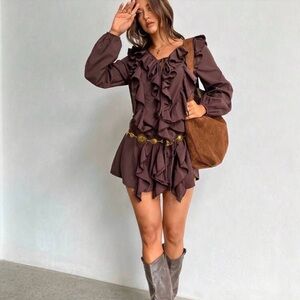 Elegant Brown Ruffle Dress